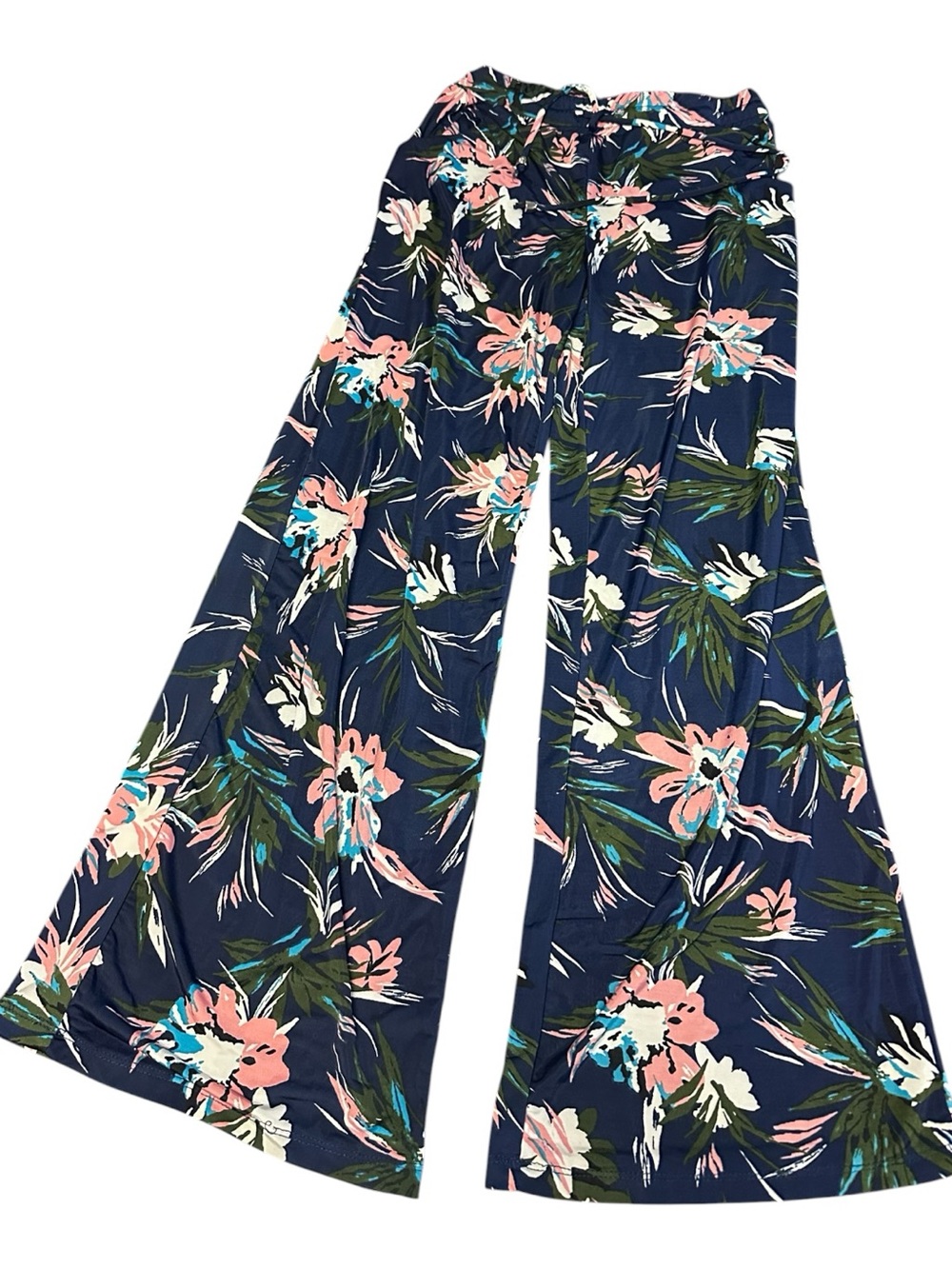 Beach Break Tropical Floral Wide Leg Pants Navy Pink Drawstring Size Small